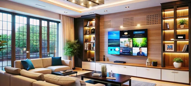 Painel de TV planejado com nichos iluminados para sala em Taubaté